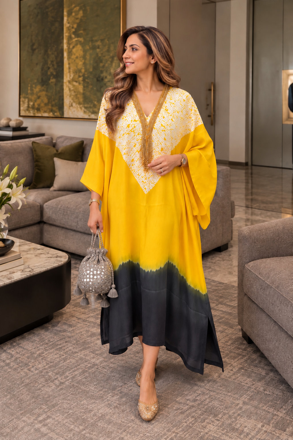 Yellow and charcoal ombré modal silk kaftan, tasselled neckline