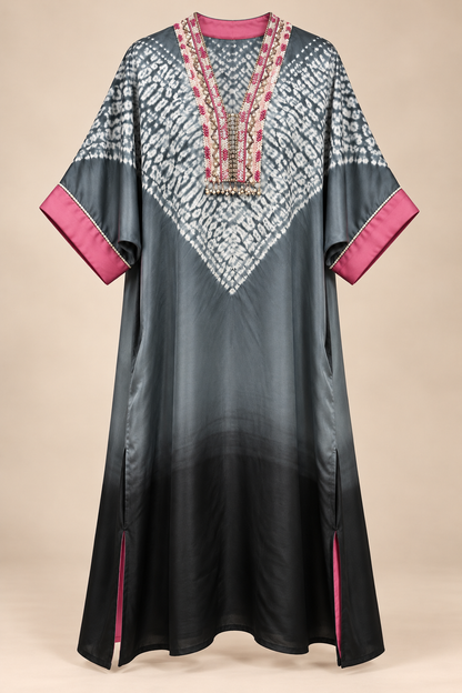 Midnight Shibori modal silk kaftan by Gul, full length