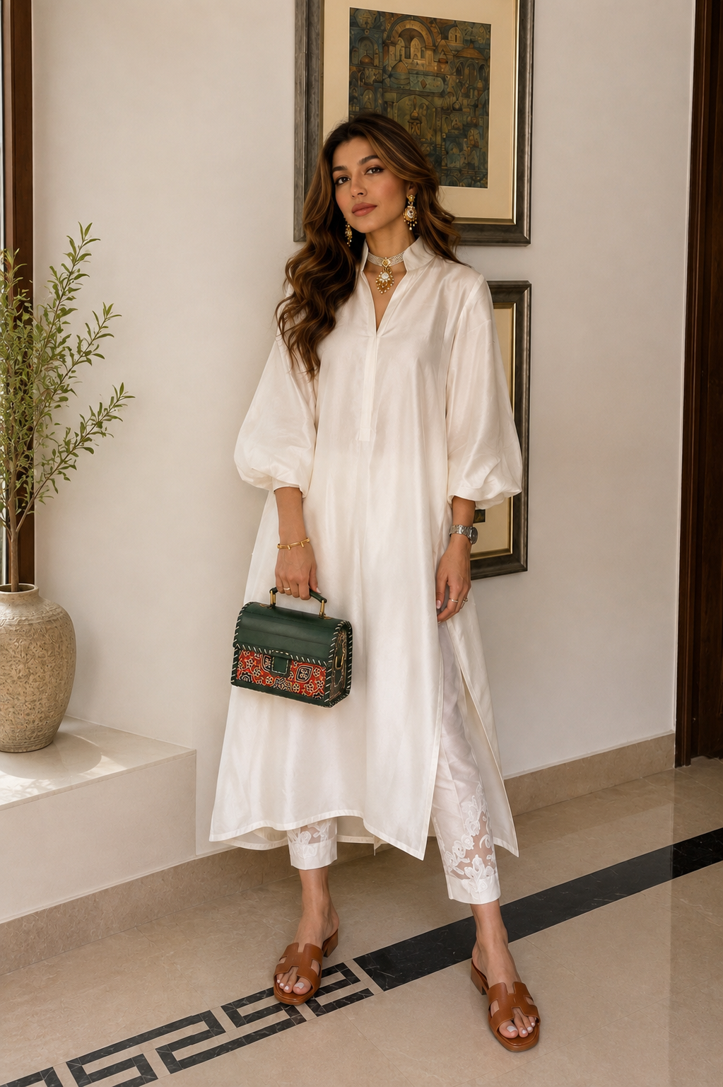 Green Ajrakh Trunk Bag - model view