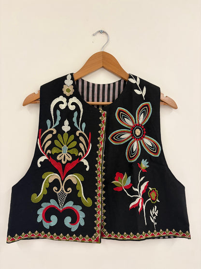 Black colourful floral Suzani vest, third view
