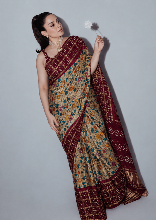 Champa Bandhej Modal Silk Saree