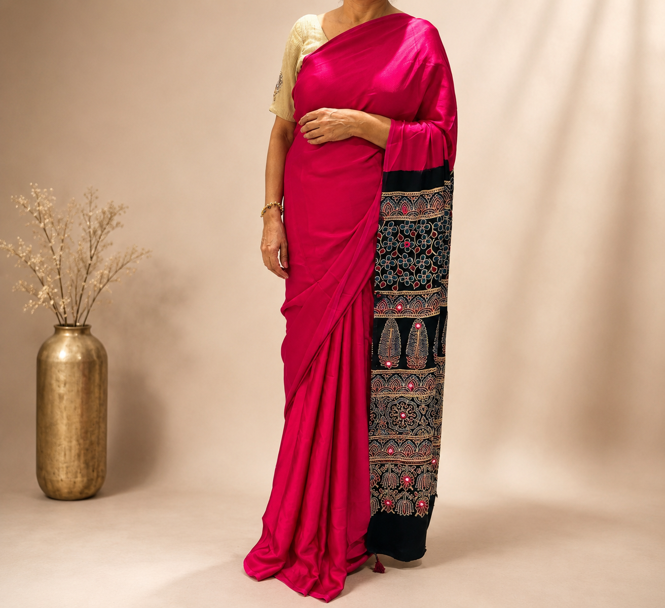 Pink- Ajrakh Pallu Modal Silk Saree