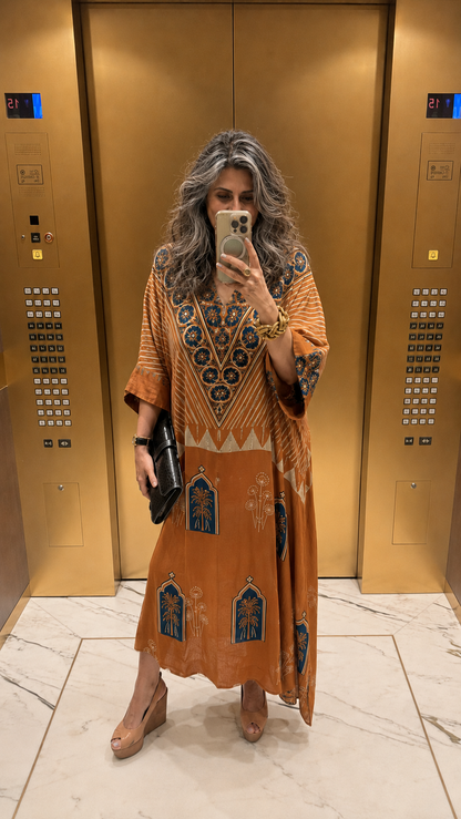 Terracotta blue arch modal silk kaftan, third view