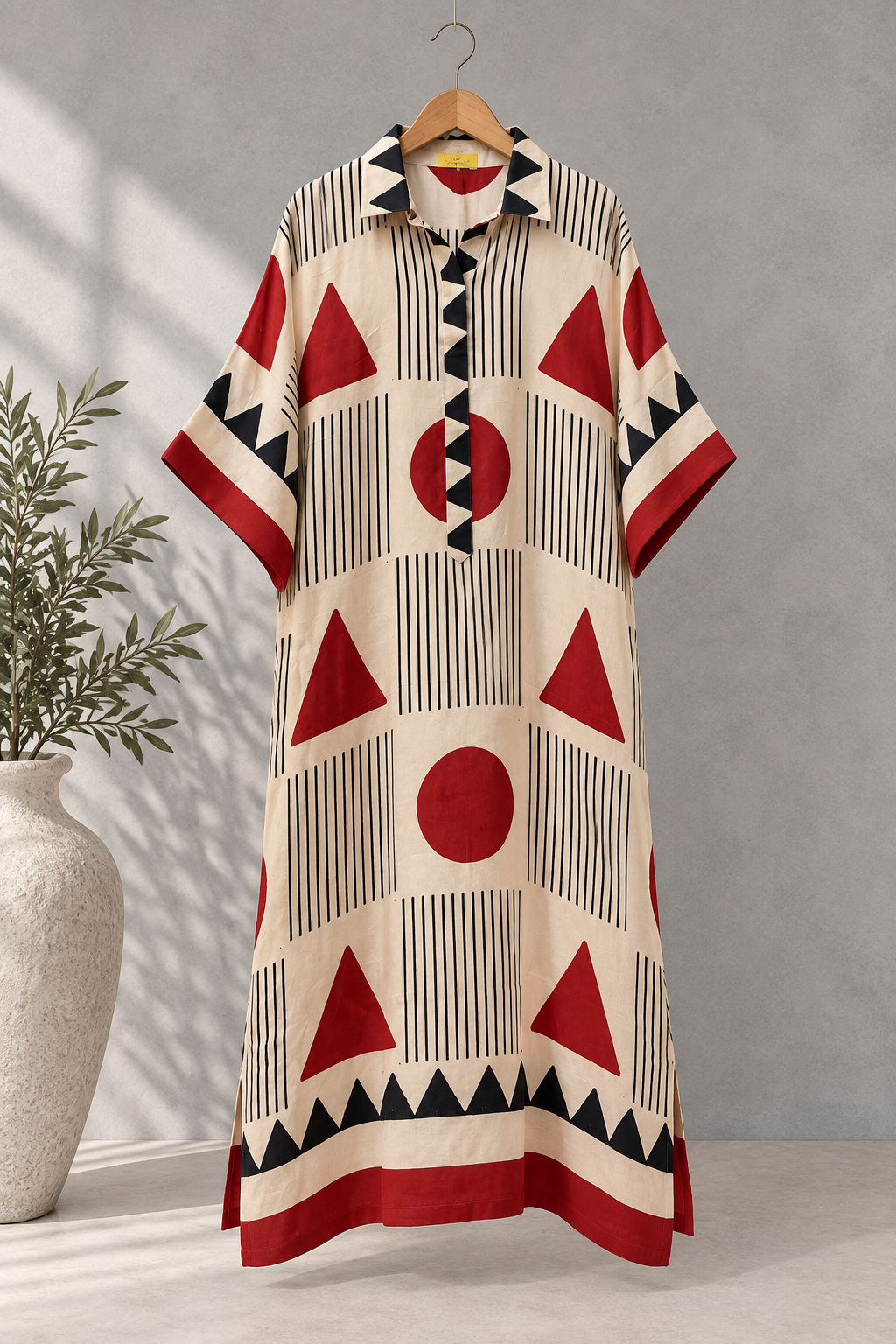 Ivory Geometric Deep Red Modal Silk Kaftan