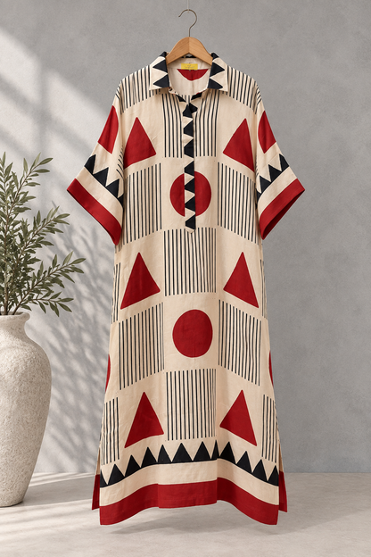 Ivory Geometric Deep Red Modal Silk Kaftan