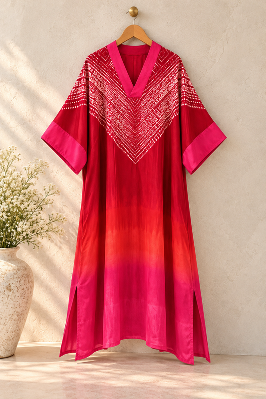 Sindoor red and rani pink Shibori kaftan, chevron yoke detail