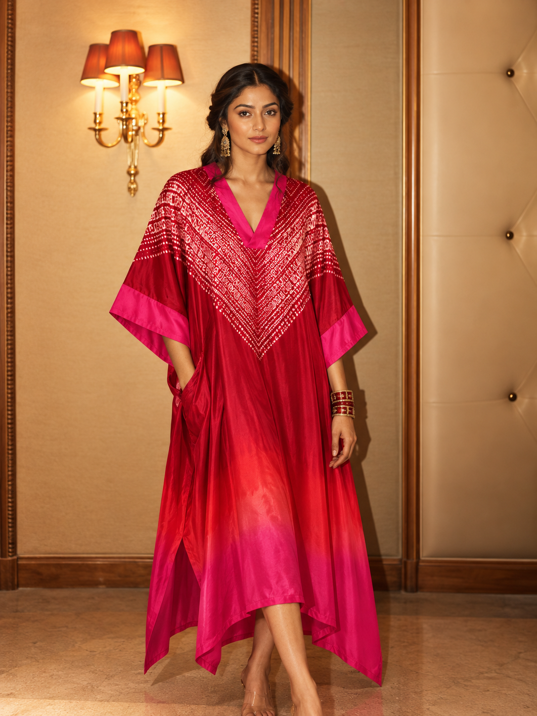 Sindoor red Shibori modal silk kaftan by Gul, front view