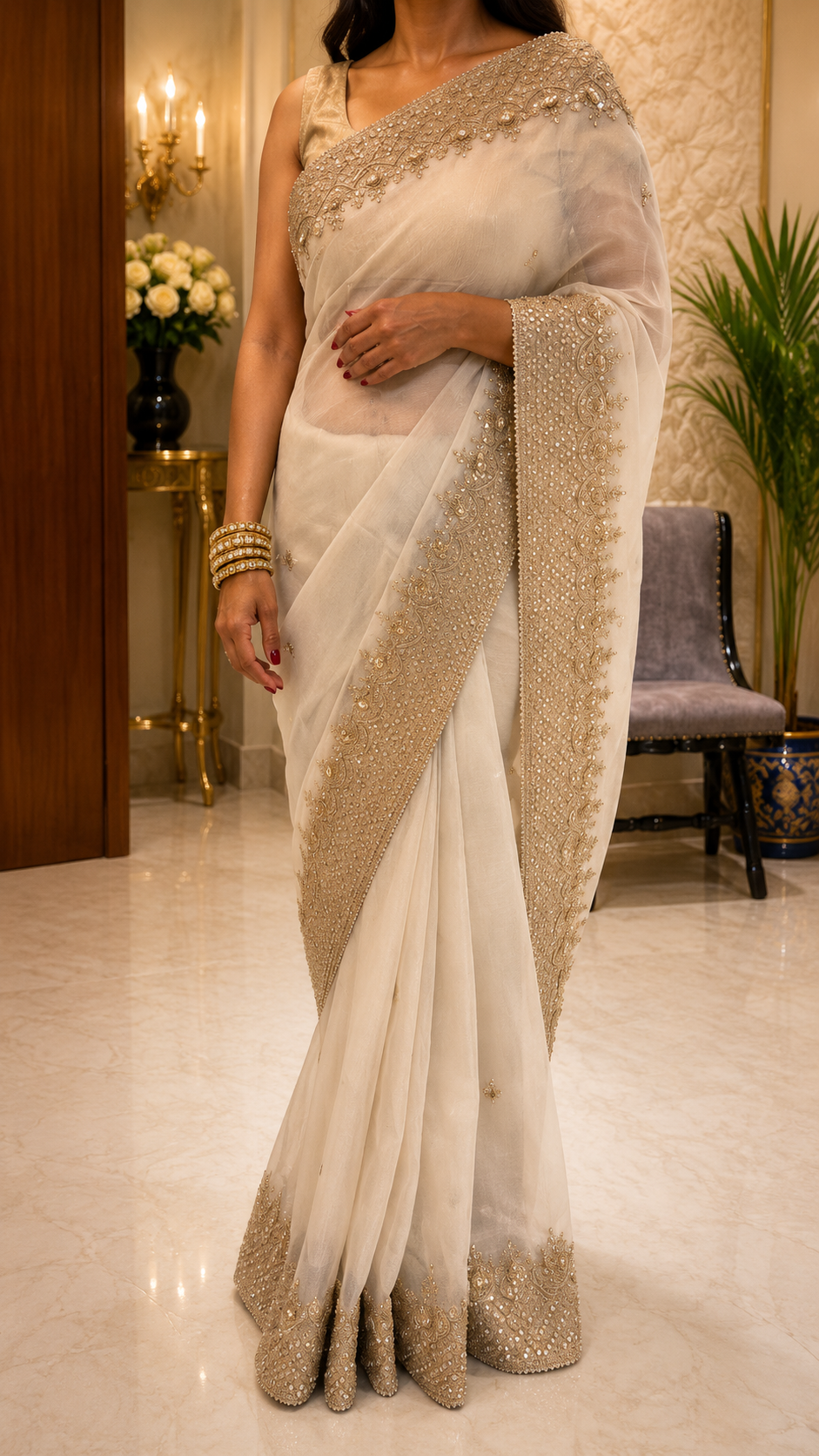 Ivory Cream Organza Gold Zardozi with Pearl Work Saree