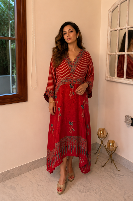 Red Ajrakh Modal Silk Kaftan