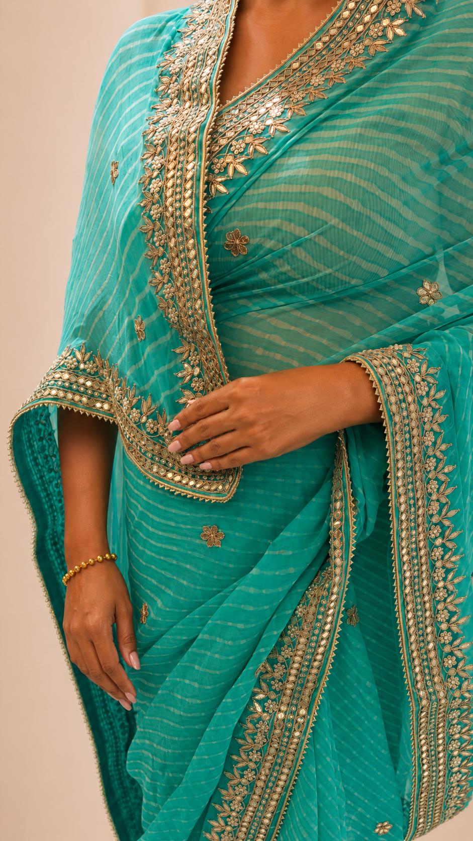 Teal Striped Georgette Saree with Gotta Patti Border