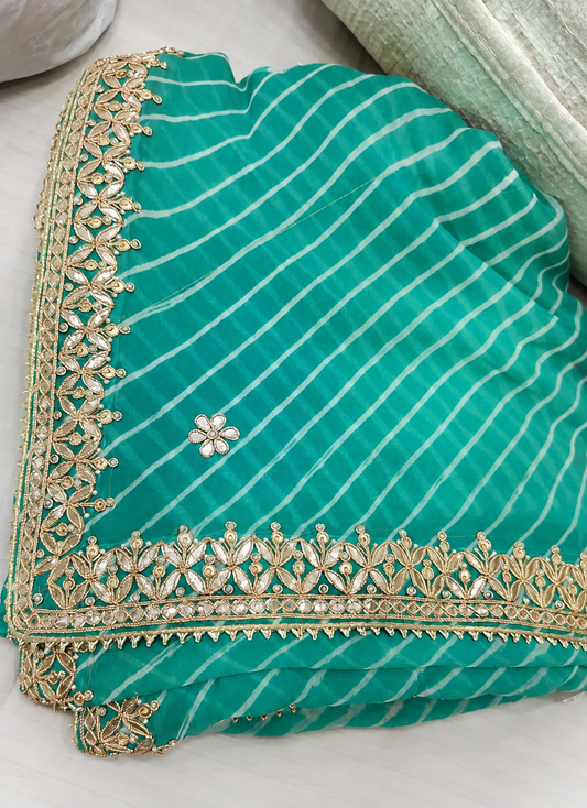Teal Striped Georgette Saree with Gotta Patti Border