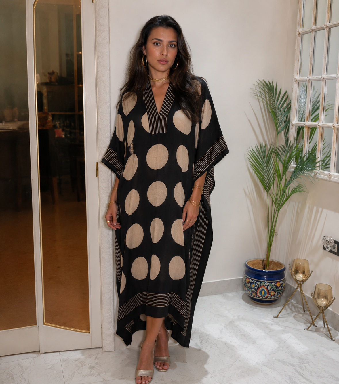 Black Tan Polka Dot Kaftan