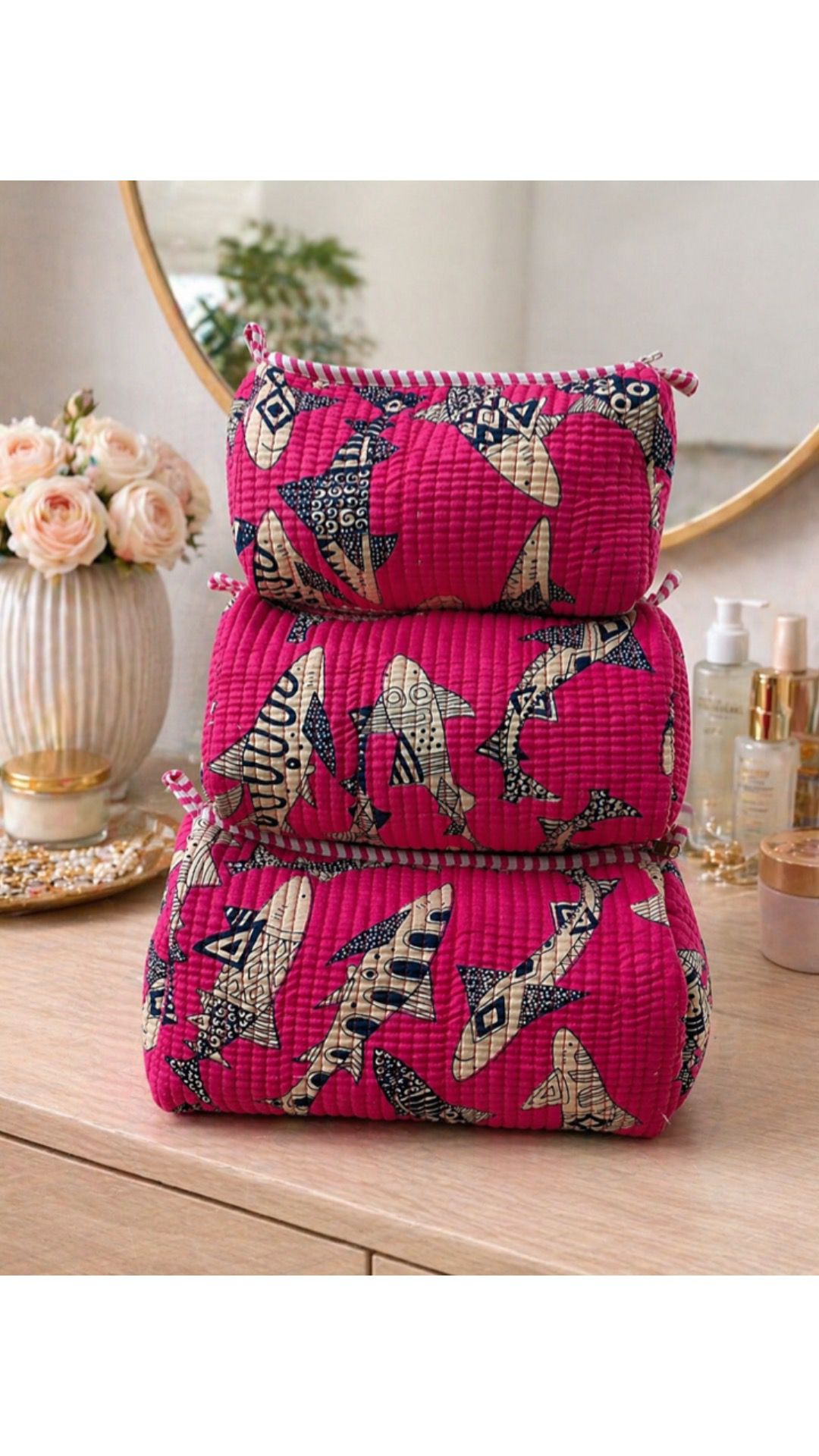 Pink fish quilted makeup pouches, alternate view