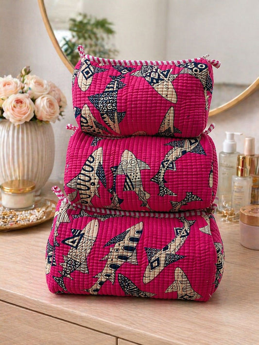 Pink fish block-print quilted makeup pouch set of 3 by Gul