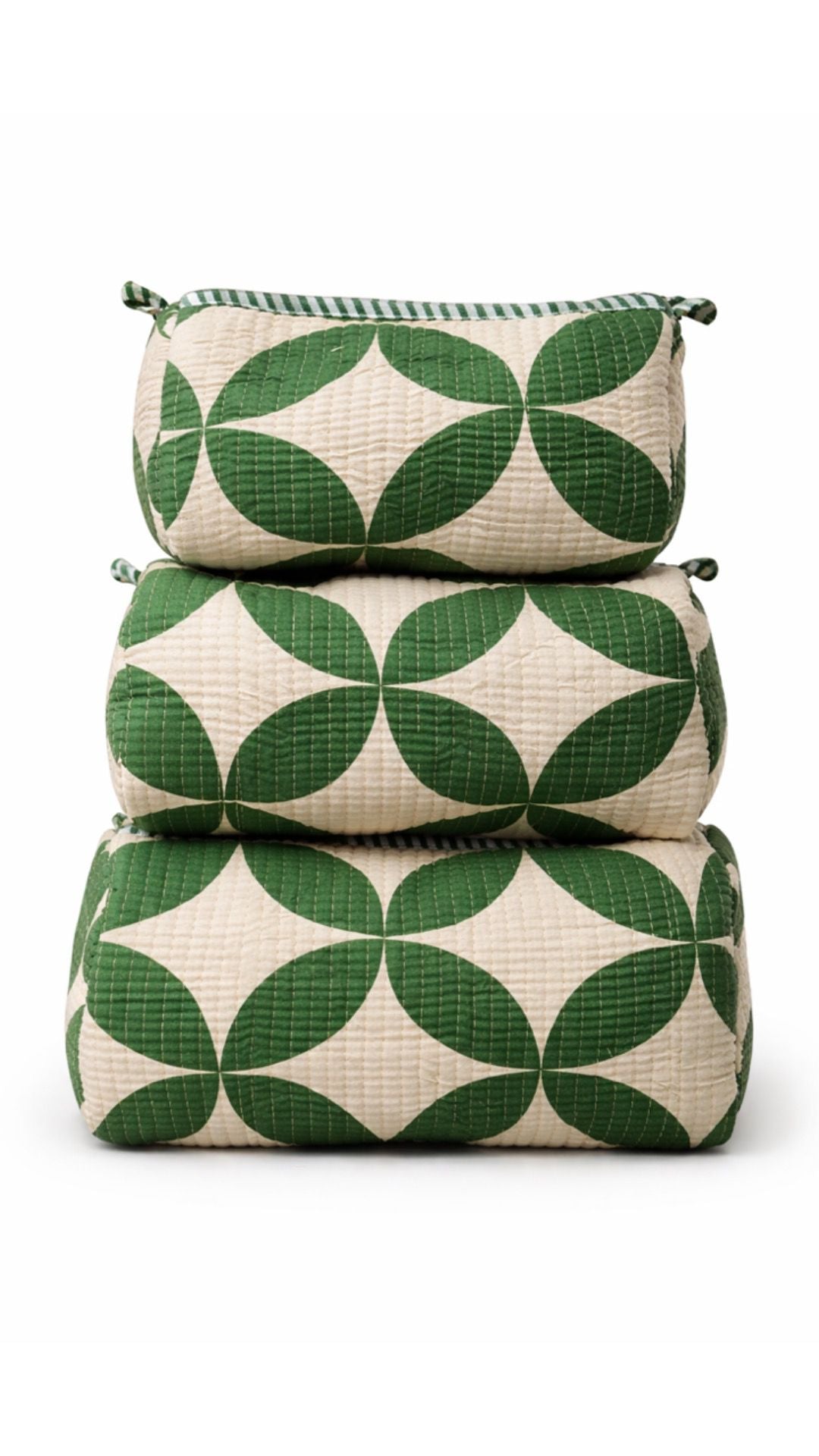 Green leaf geometric quilted makeup pouch set of 3 by Gul