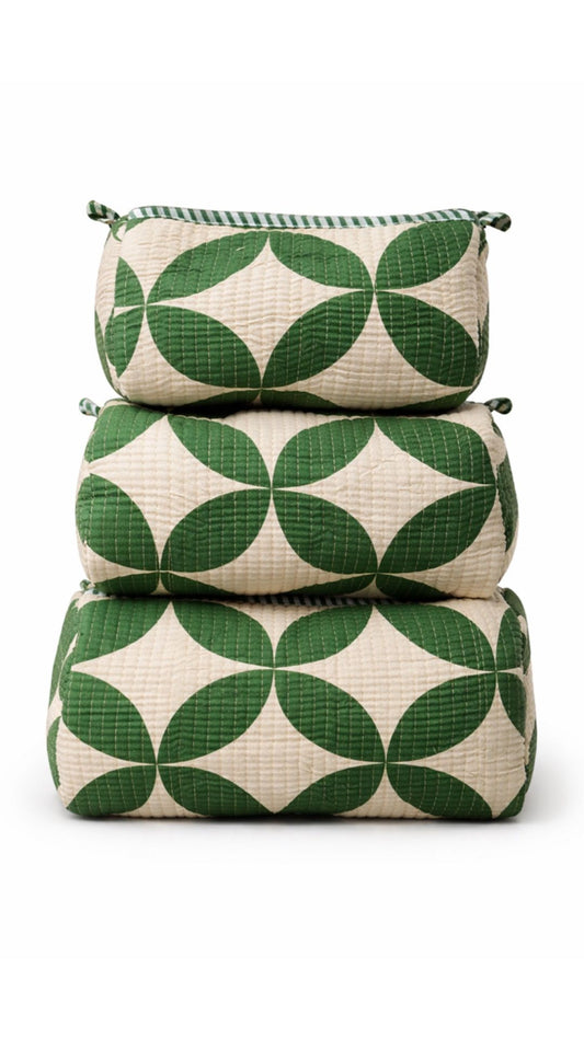 Green leaf geometric quilted makeup pouch set of 3 by Gul