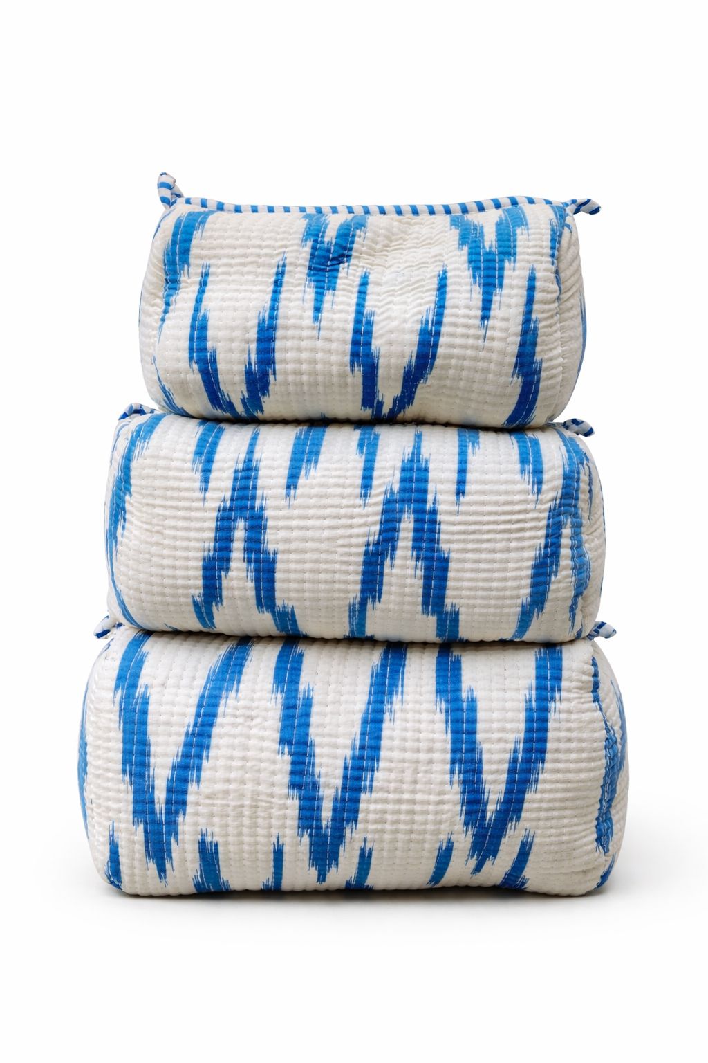Blue Ikkat block-print quilted makeup pouch set of 3 by Gul