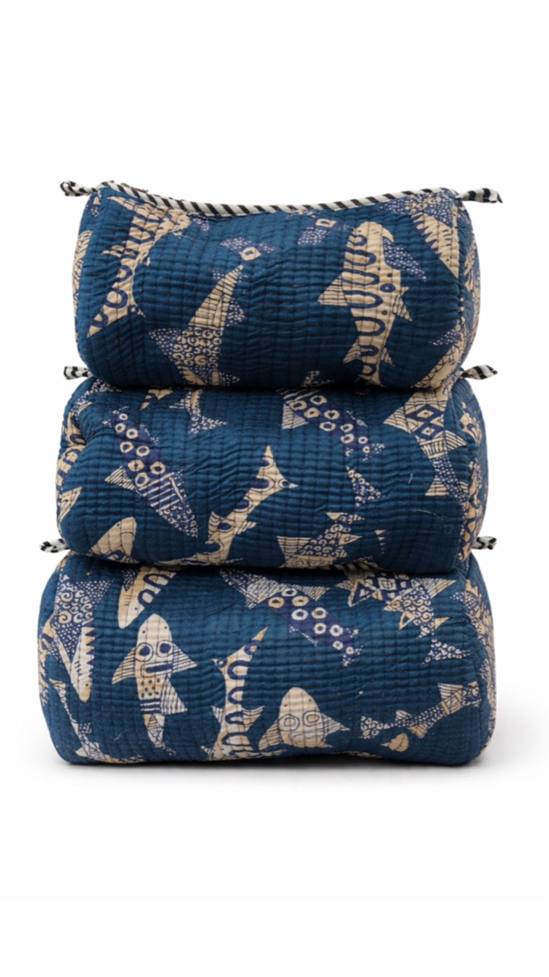 Indigo fish block-print quilted makeup pouch set of 3 by Gul