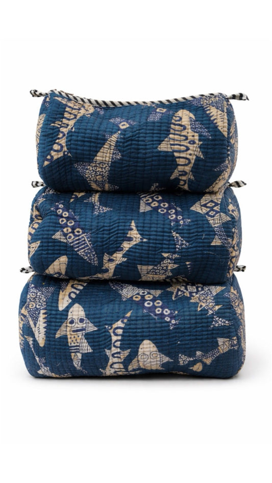 Indigo fish block-print quilted makeup pouch set of 3 by Gul