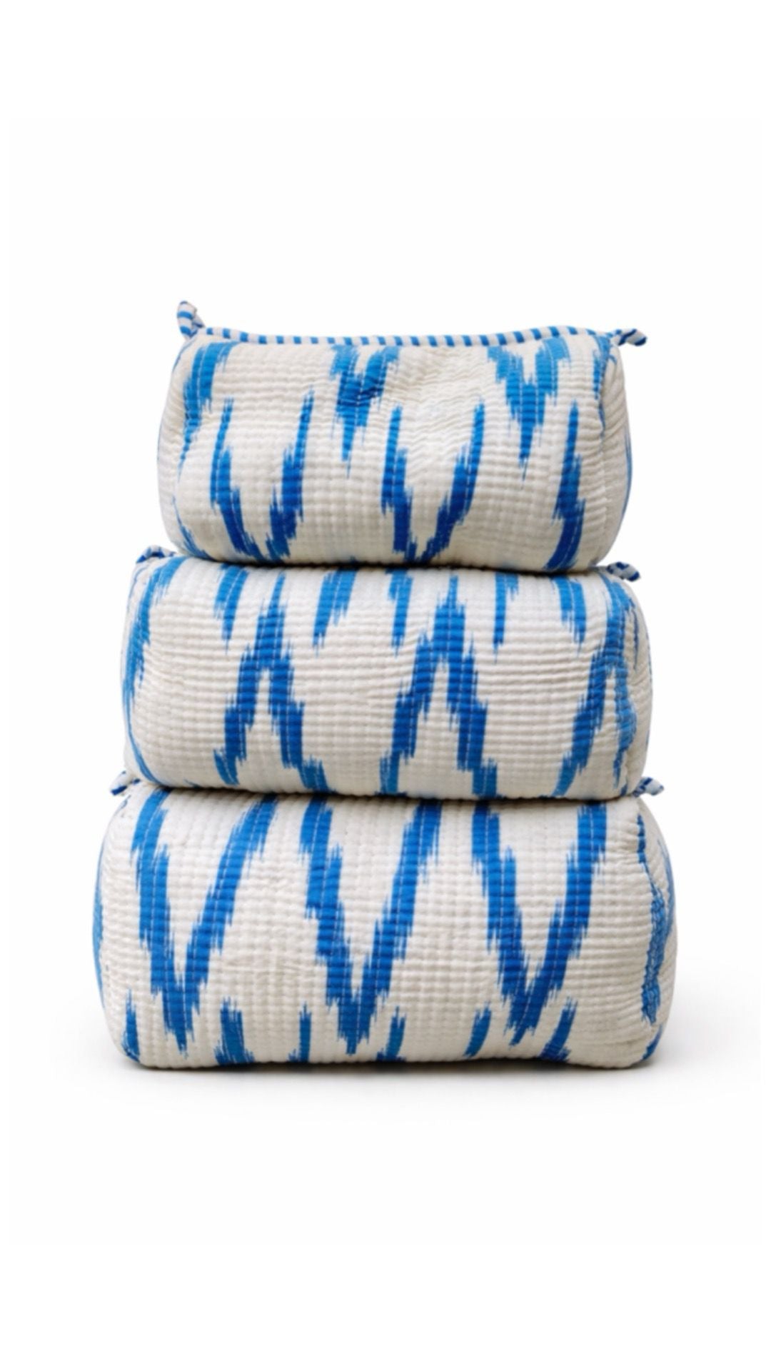 Blue Ikkat quilted makeup pouches, detail