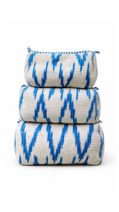 Blue Ikat quilted makeup pouches, detail