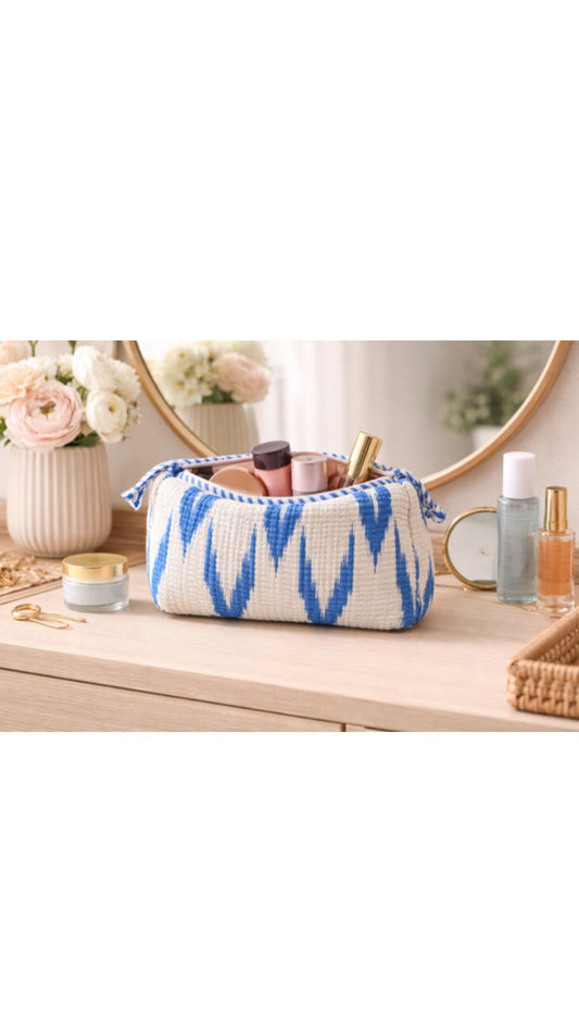 Blue Ikkat quilted makeup pouches, alternate view