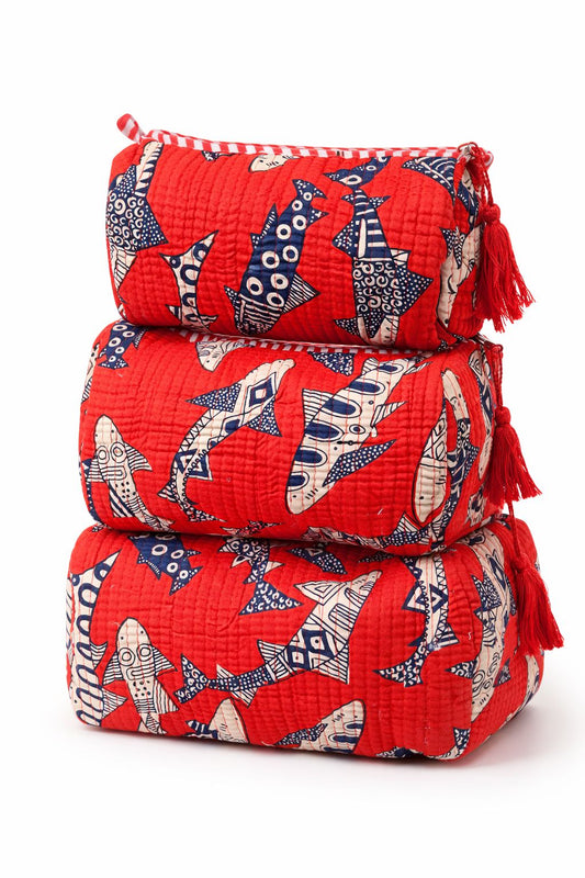 Red fish block-print quilted makeup pouch set of 3 by Gul