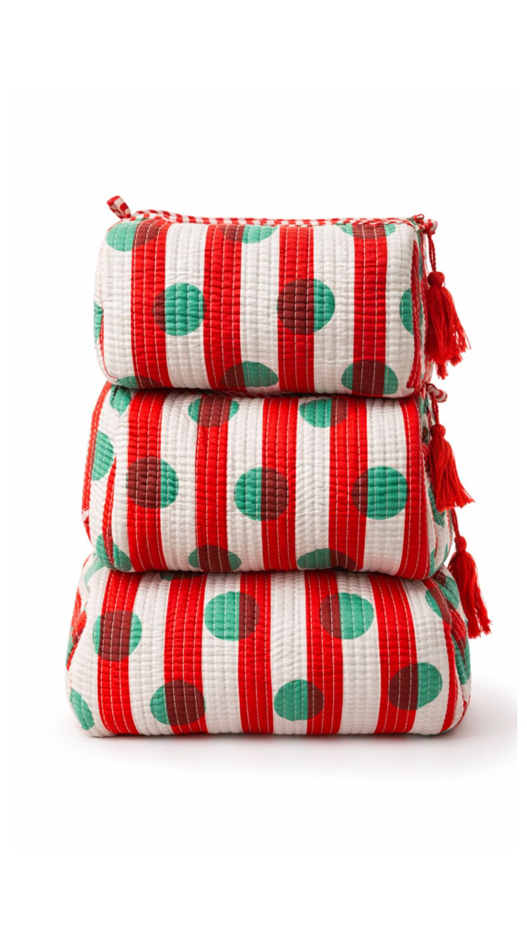 Red stripe and green polka dot quilted makeup pouch set of 3 by Gul