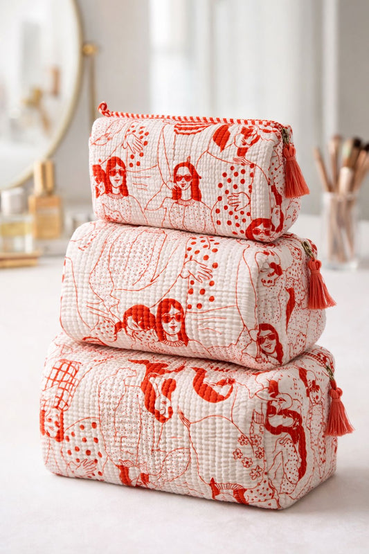 Red ladies print quilted makeup pouch set of 3 by Gul