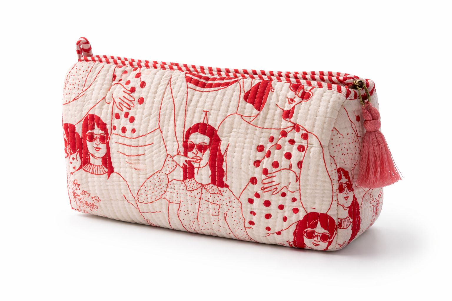 Red ladies print quilted makeup pouches, alternate view