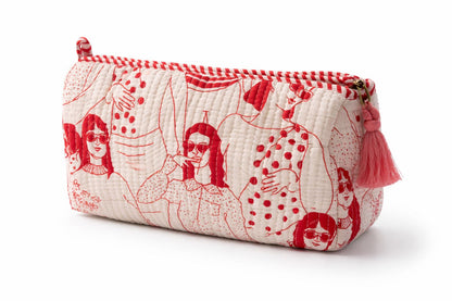 Red ladies print quilted makeup pouches, alternate view