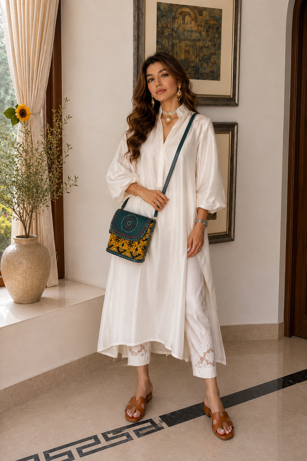 Green Mustard Ajrakh Bucket Bag - front view showing hand-painted Ajrakh motifs