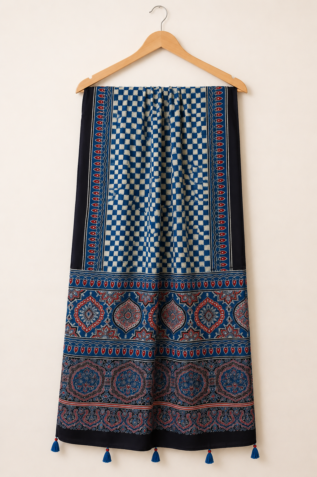 Blue and black Ajrakh block print dupatta on hanger