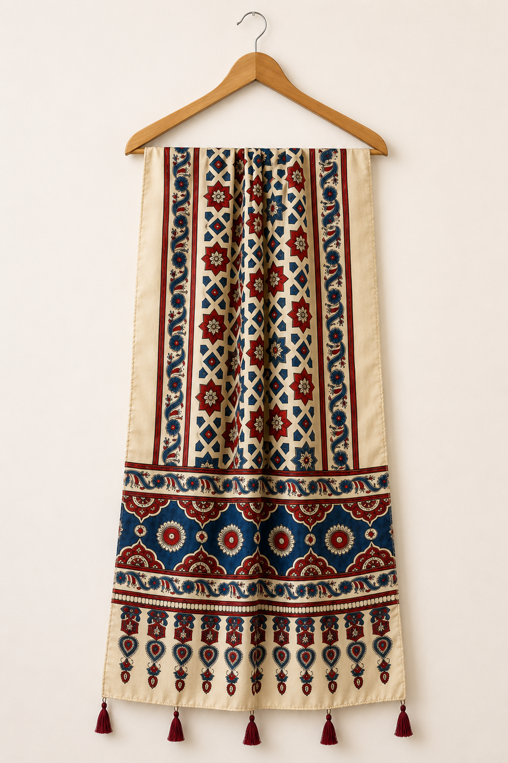 Ivory red and blue star print Ajrakh dupatta with tassels on hanger
