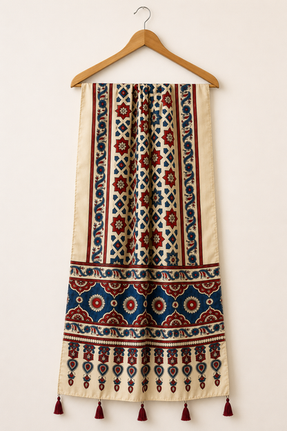 Ivory red and blue star print Ajrakh dupatta with tassels on hanger
