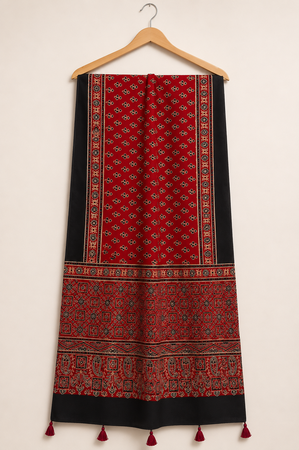 Red and black Ajrakh block print dupatta with tassels on hanger