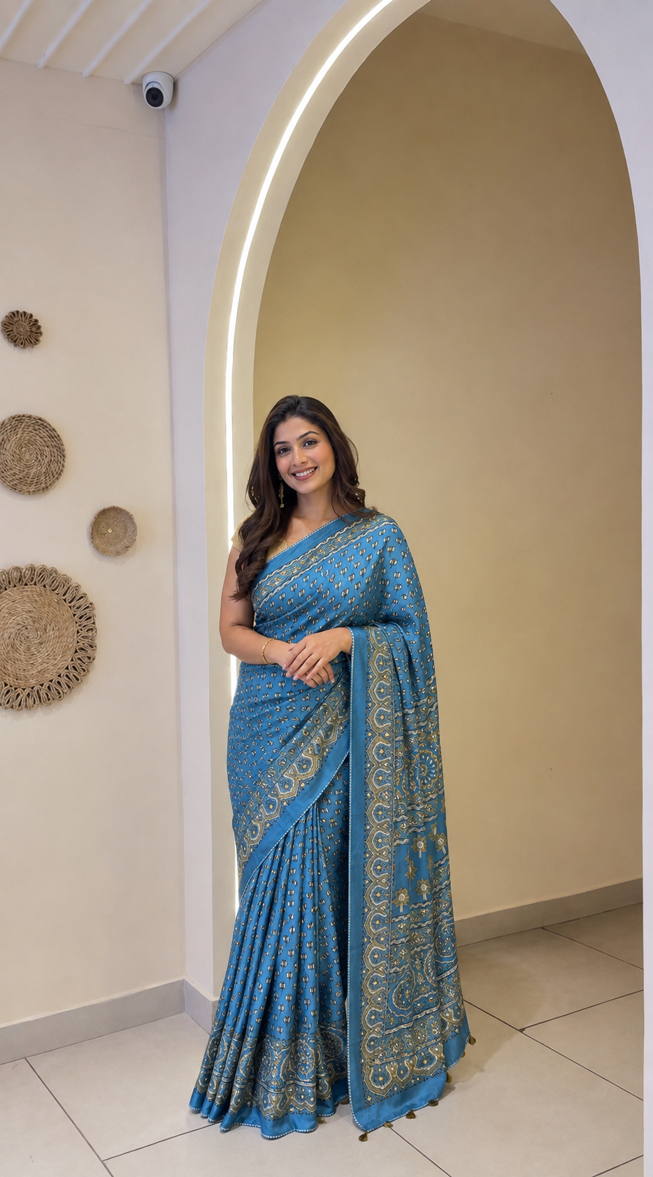 Blue Ajrakh Modal Saree with Aari Taari Sequence & Mirror Work