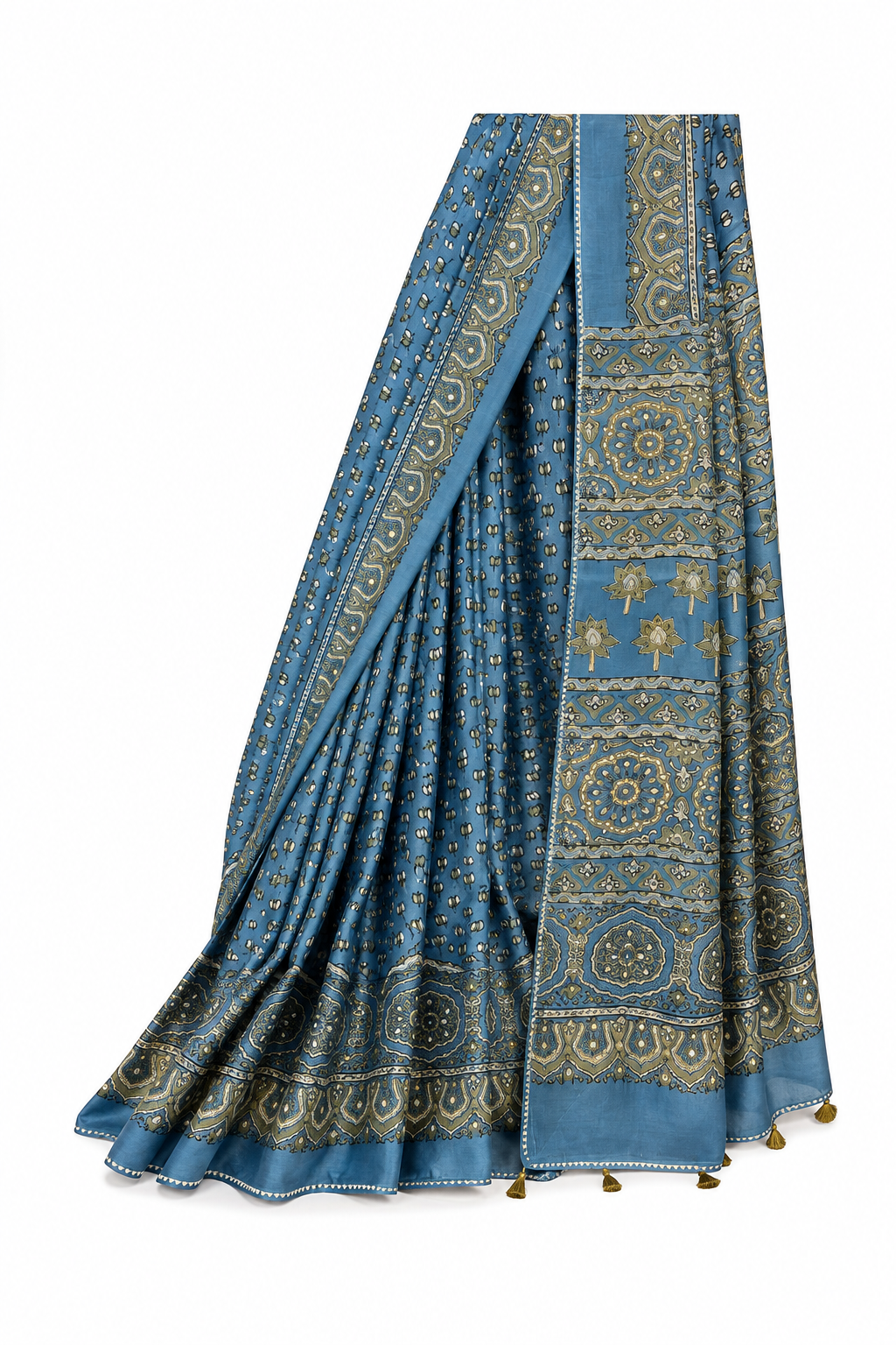 Blue Ajrakh Modal Saree with Aari Taari Sequence & Mirror Work