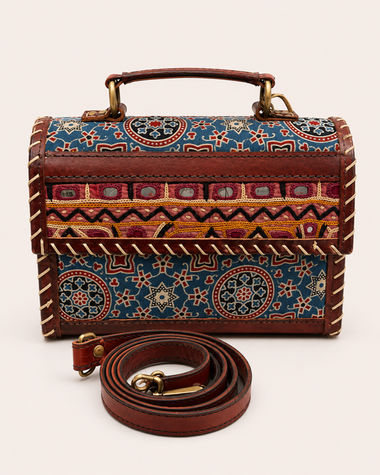 Mirror Work Ajrakh Blue Trunk Bag - front view showing laser cut mandala flap