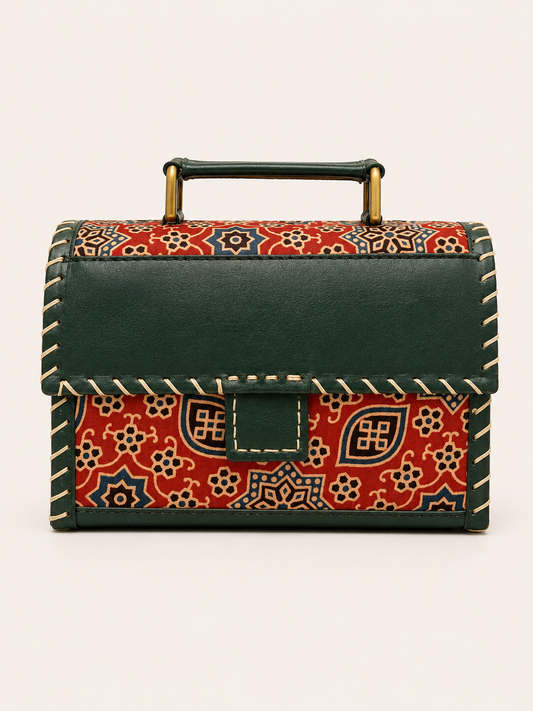 Mirror Work Ajrakh Blue Trunk Bag - back view showing Ajrakh motifs