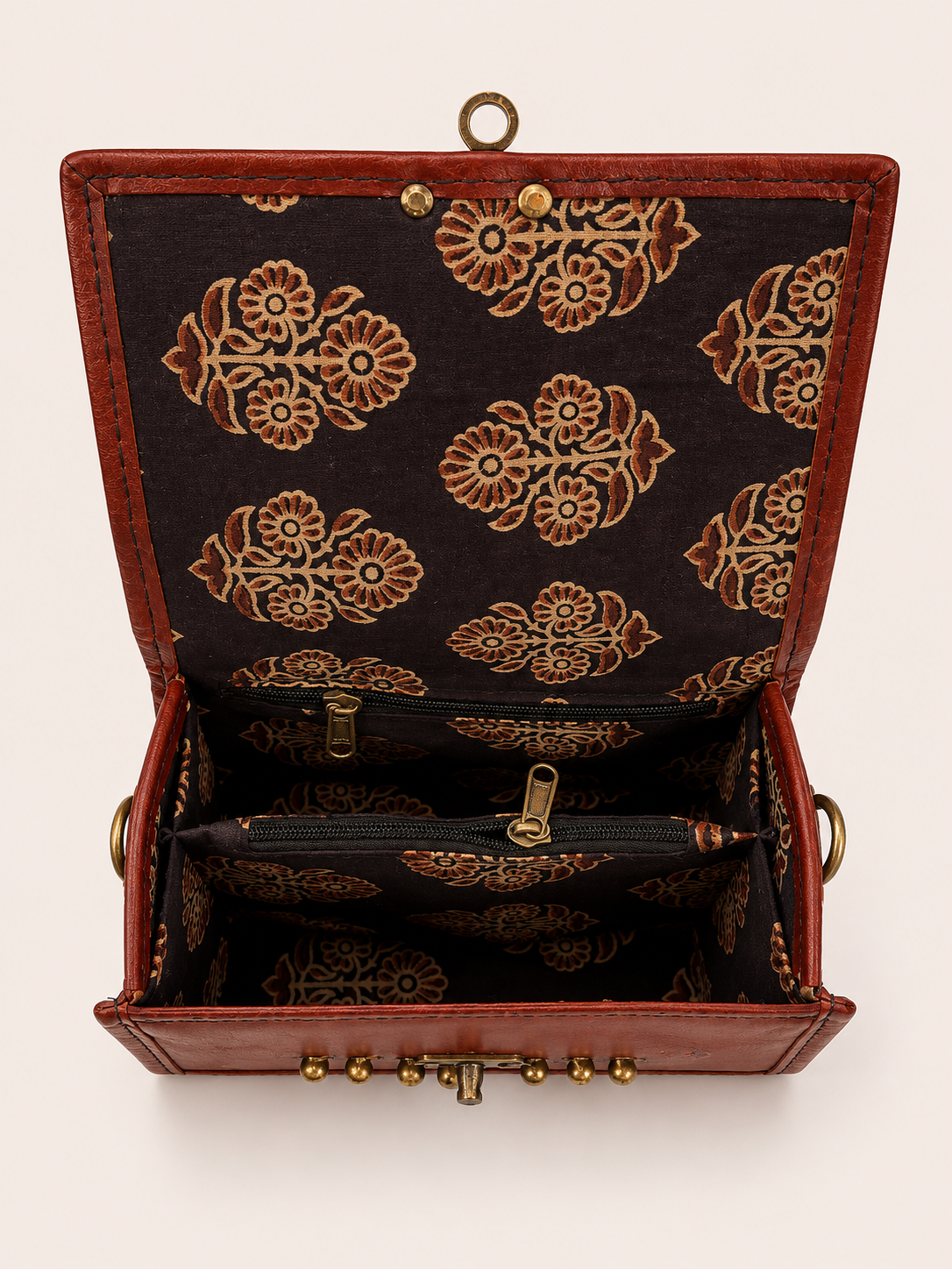 Blue Ajrakh Boat Bag - open interior showing Ajrakh block print lining