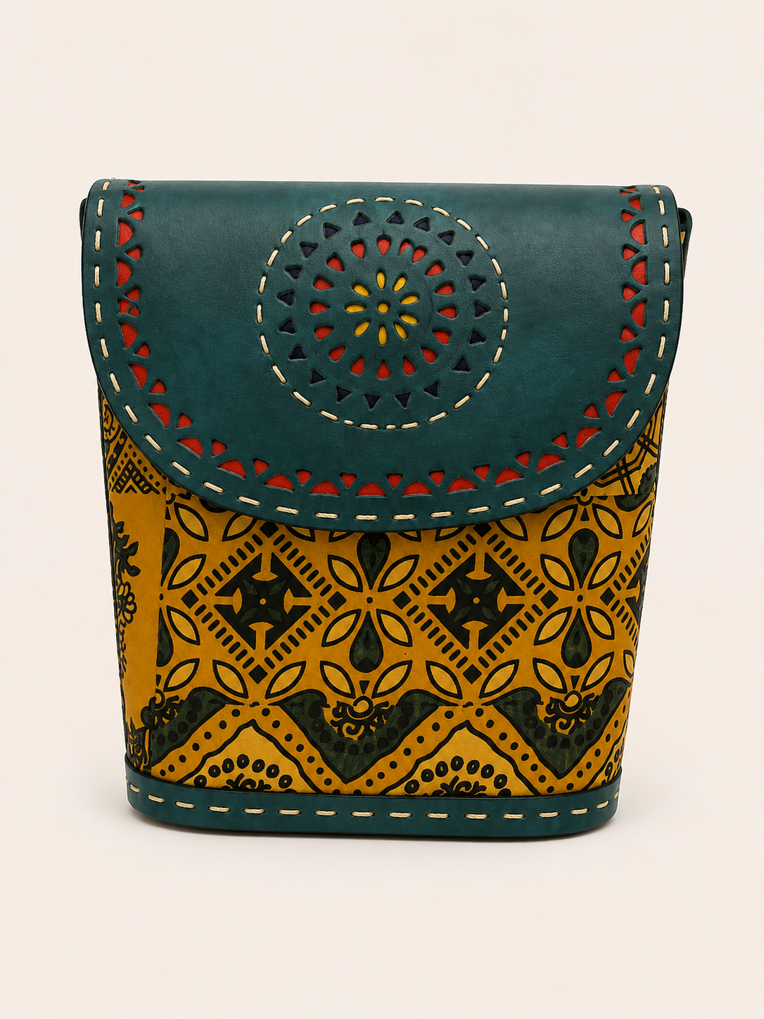 Mirror Work Ajrakh Blue Trunk Bag - model holding bag