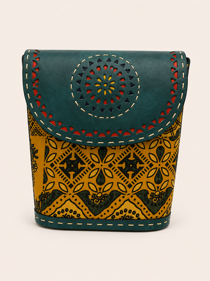 Mirror Work Ajrakh Blue Trunk Bag - model holding bag