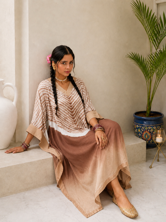 Beige brown ombré chevron kaftan – seated view