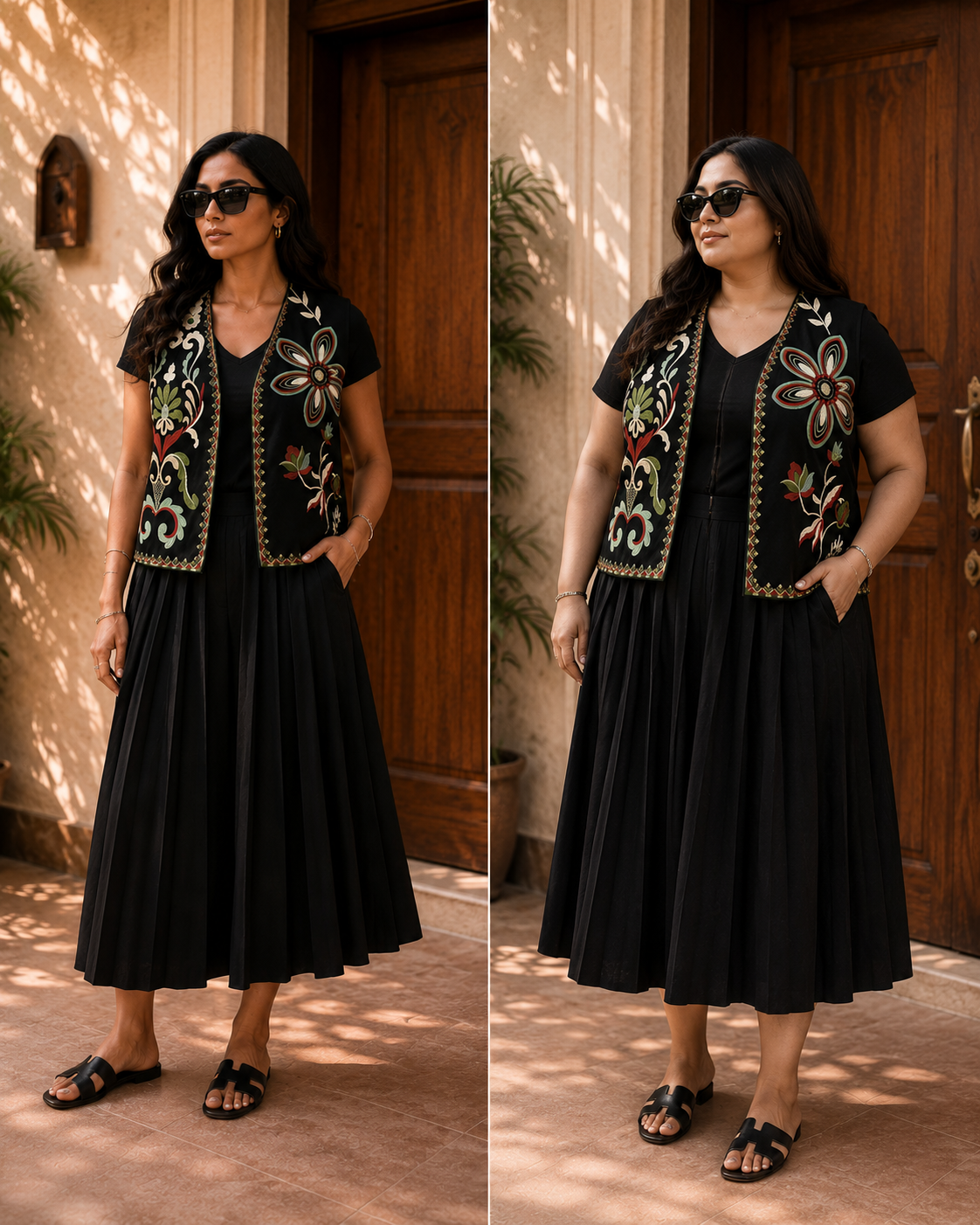 Black colourful floral Suzani vest lifestyle collage