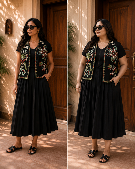 Black colourful floral Suzani vest lifestyle collage