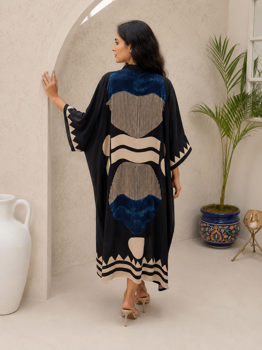Modal Silk Black Tan Aztec Circle Kaftan