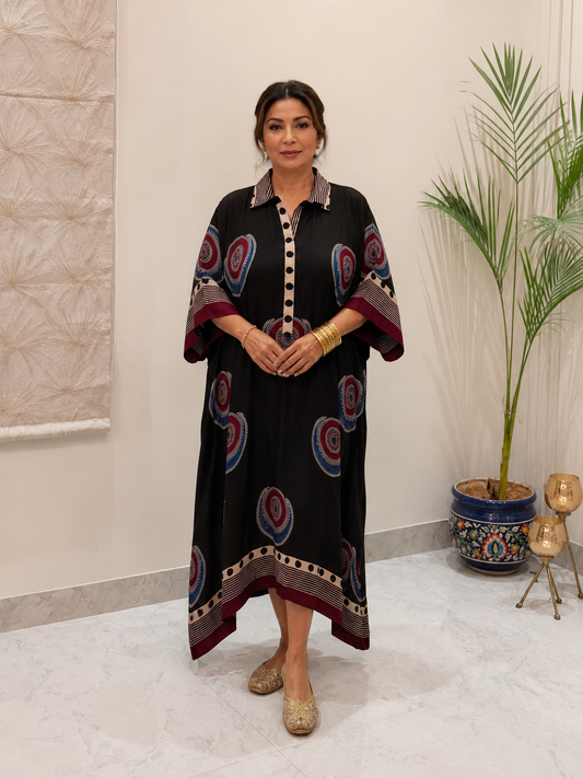 Black kaftan with red and blue paisley medallion print