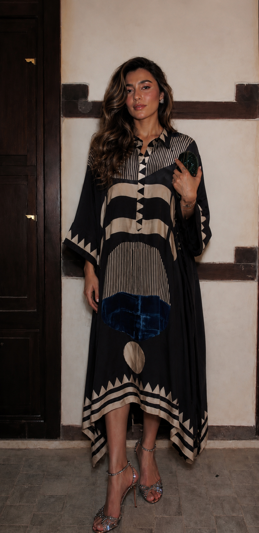 Black and tan kaftan with aztec circle print