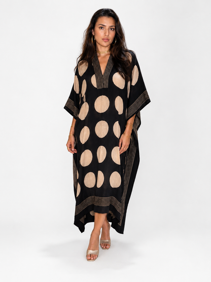 Black tan polka dot modal silk kaftan, third view